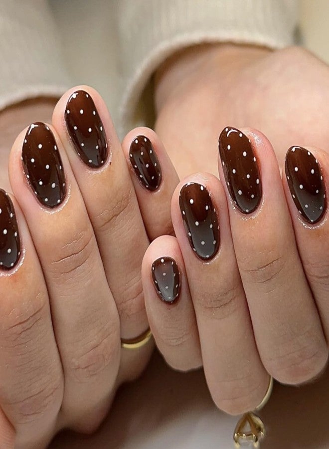 OSTTMA 24Pcs Brown Press on Nails Polka Dot Fake Nails Short Oval False Nails Press ons with White Dots Design Full Cover Stick on Nail for Women, Reusable Glue on Nails for Daily Wear Party - Image 1